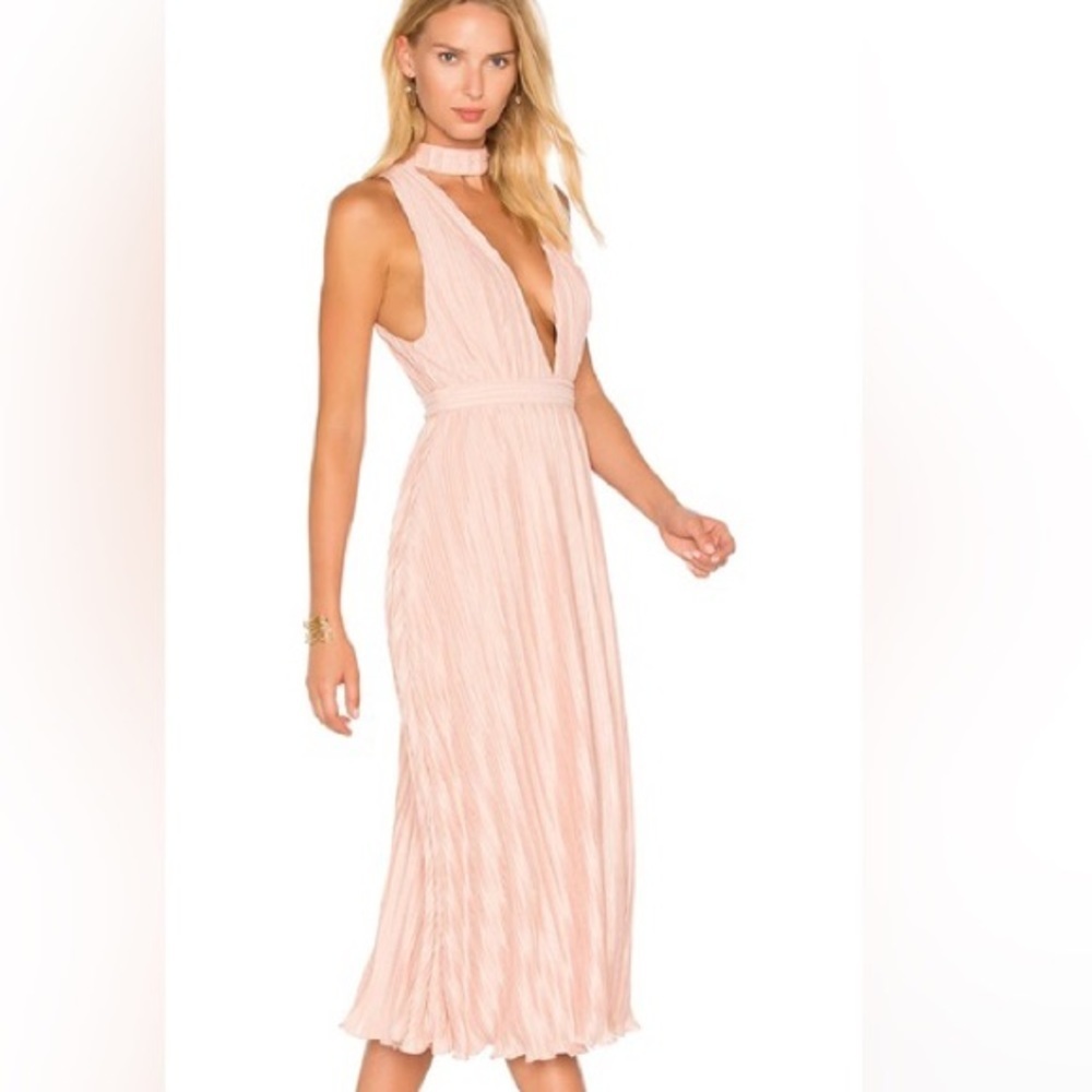 NBD pink blush pleated plunging choker v neck midi maxi fit flare dress S